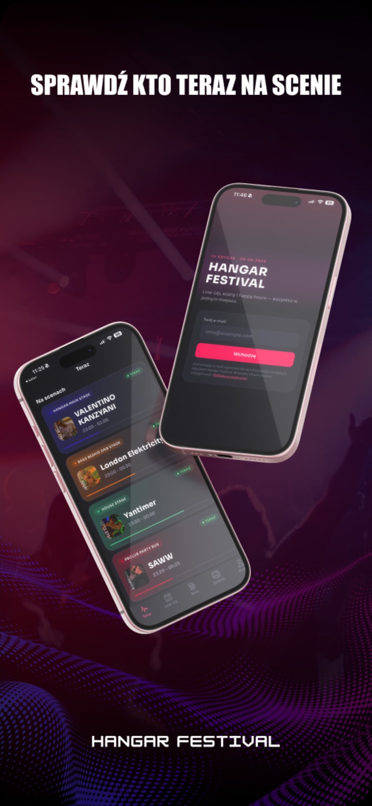 Ekran Teraz w aplikacji Hangar Festival - lista scen z artystami, którzy właśnie grają, oraz ekran logowania adresem e-mail